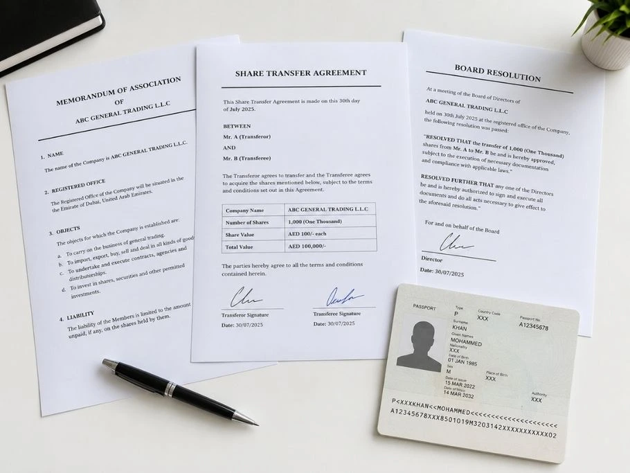 Documents required for share transfer in UAE — MoA share transfer agreement and shareholder documents checklist Modest Consulting Services
